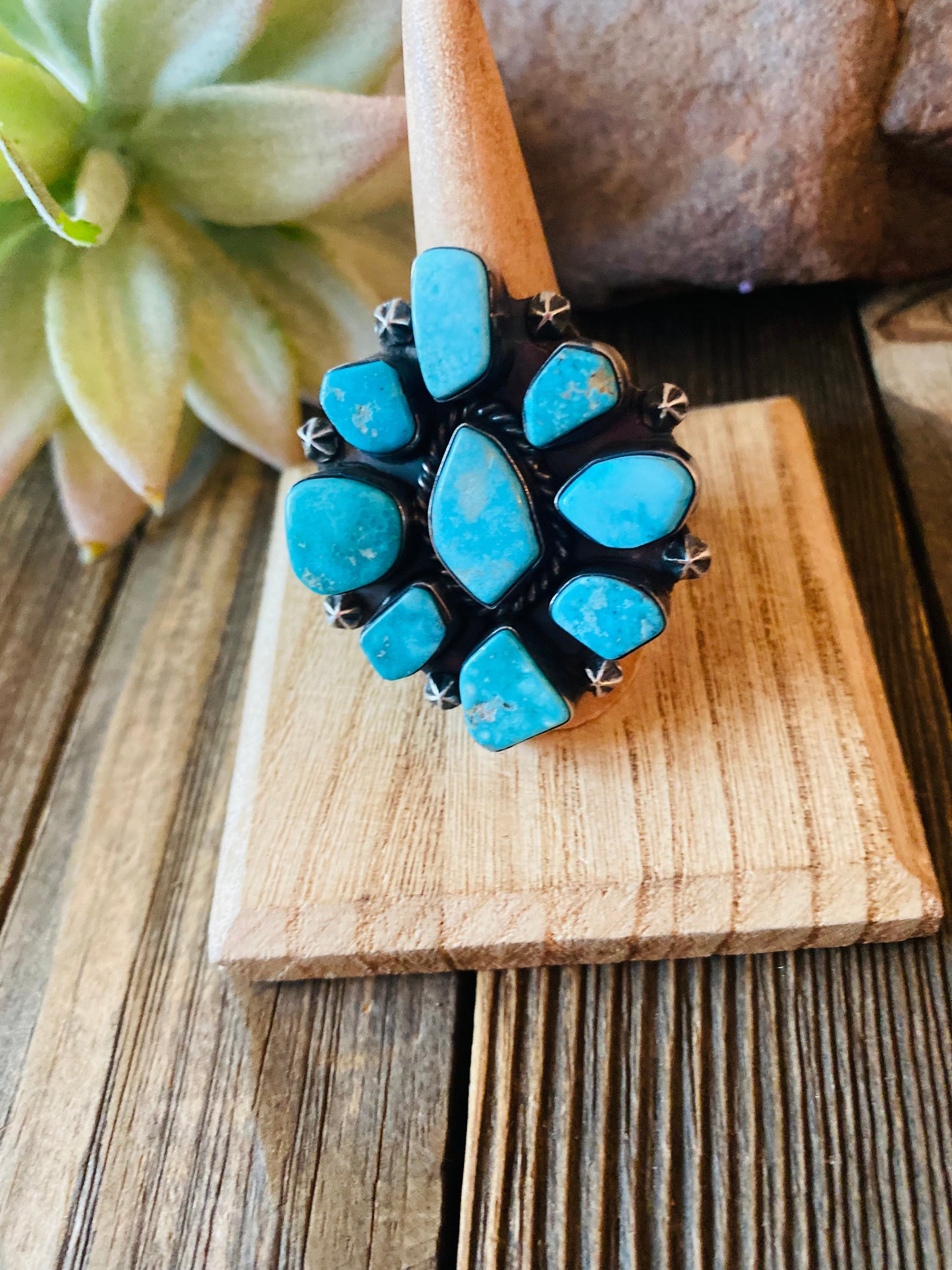 Navajo Kingman Turquoise & Sterling Silver Cluster Ring Size 8.5