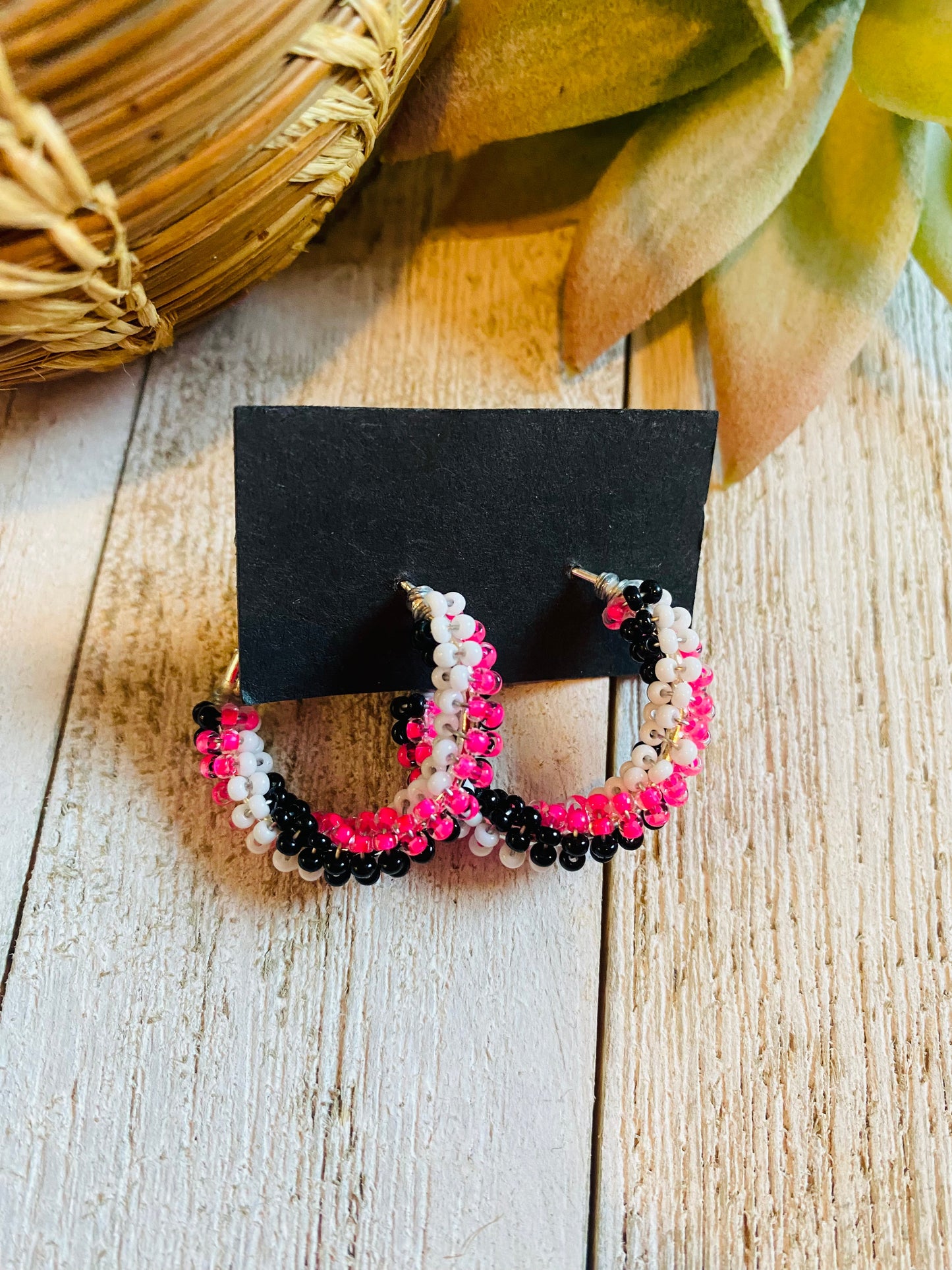 Navajo Handmade Beaded Hoop Earrings- pink