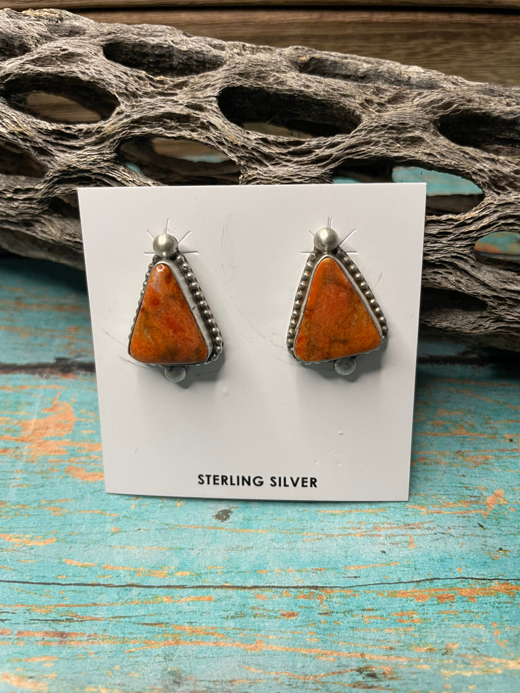 Navajo Apple Coral And Sterling Silver Post Earrings Signed