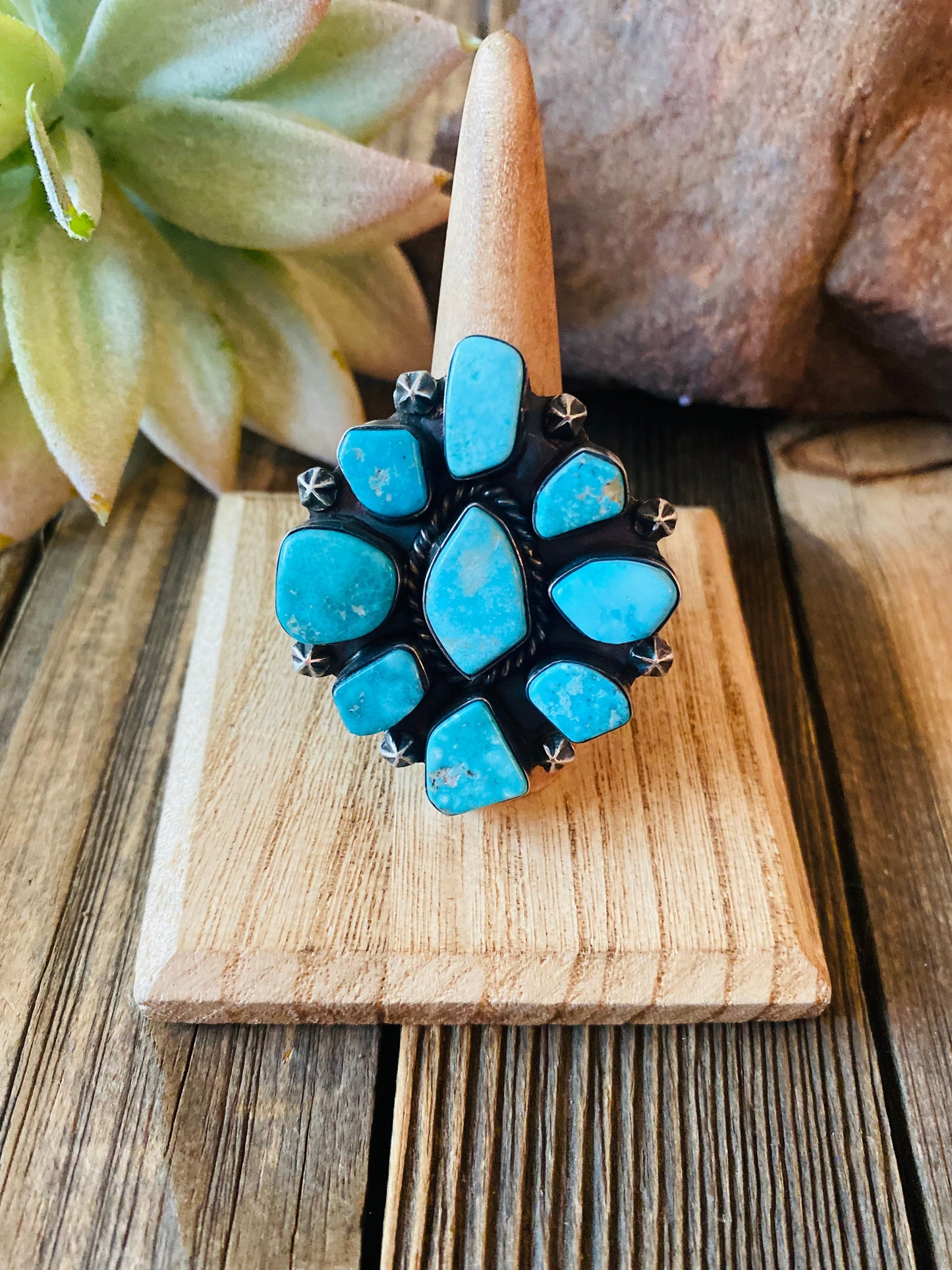 Navajo Kingman Turquoise & Sterling Silver Cluster Ring Size 8.5