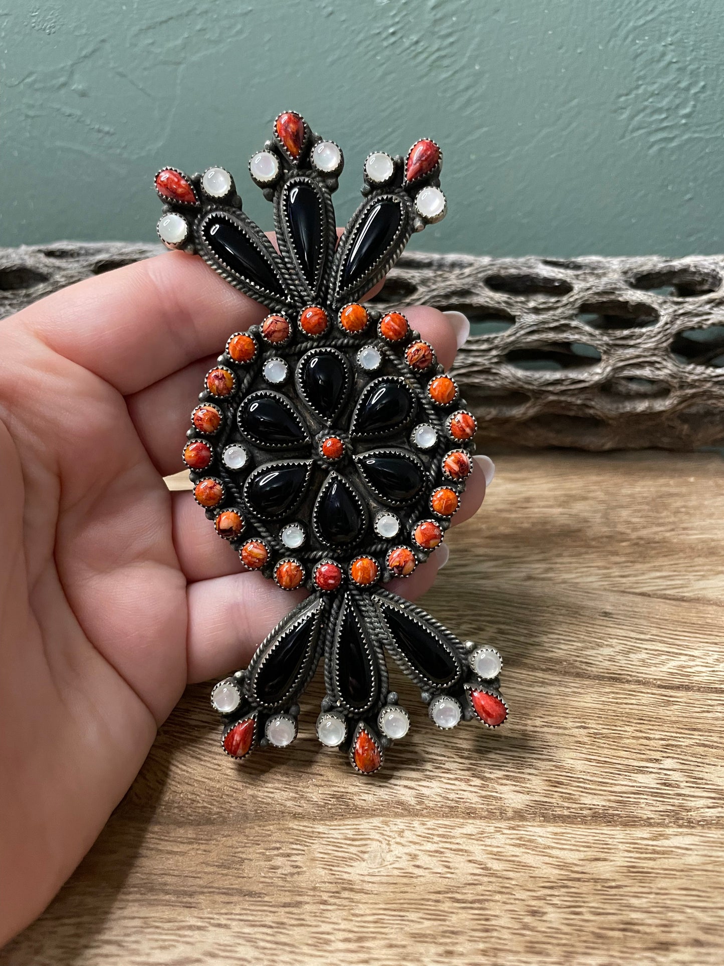 Navajo Sterling Silver Black Onyx And Orange Spiny Statement Ring Size 8 By Devon Brown