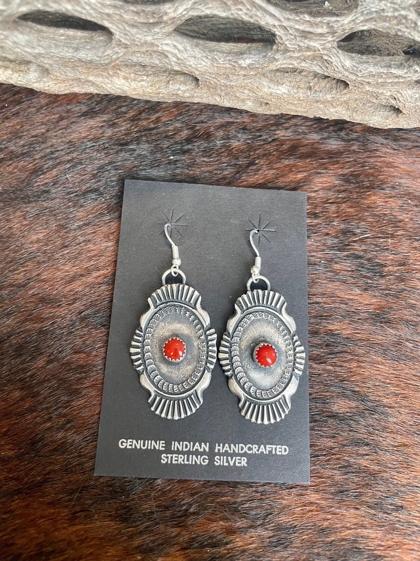 Navajo Red Coral And Sterling Silver Earrings