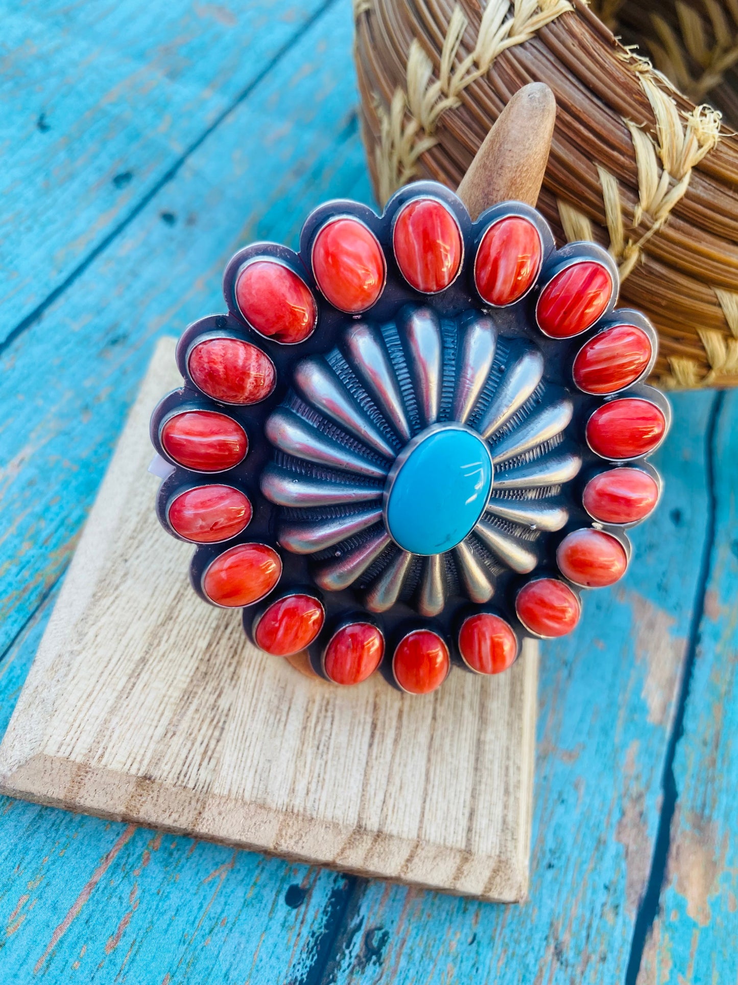 Navajo Red Spiny, Turquoise & Sterling Silver Adjustable Ring