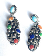 Load image into Gallery viewer, Navajo Sterling Silver Multi Stone Cross Dangle Earrings Signed