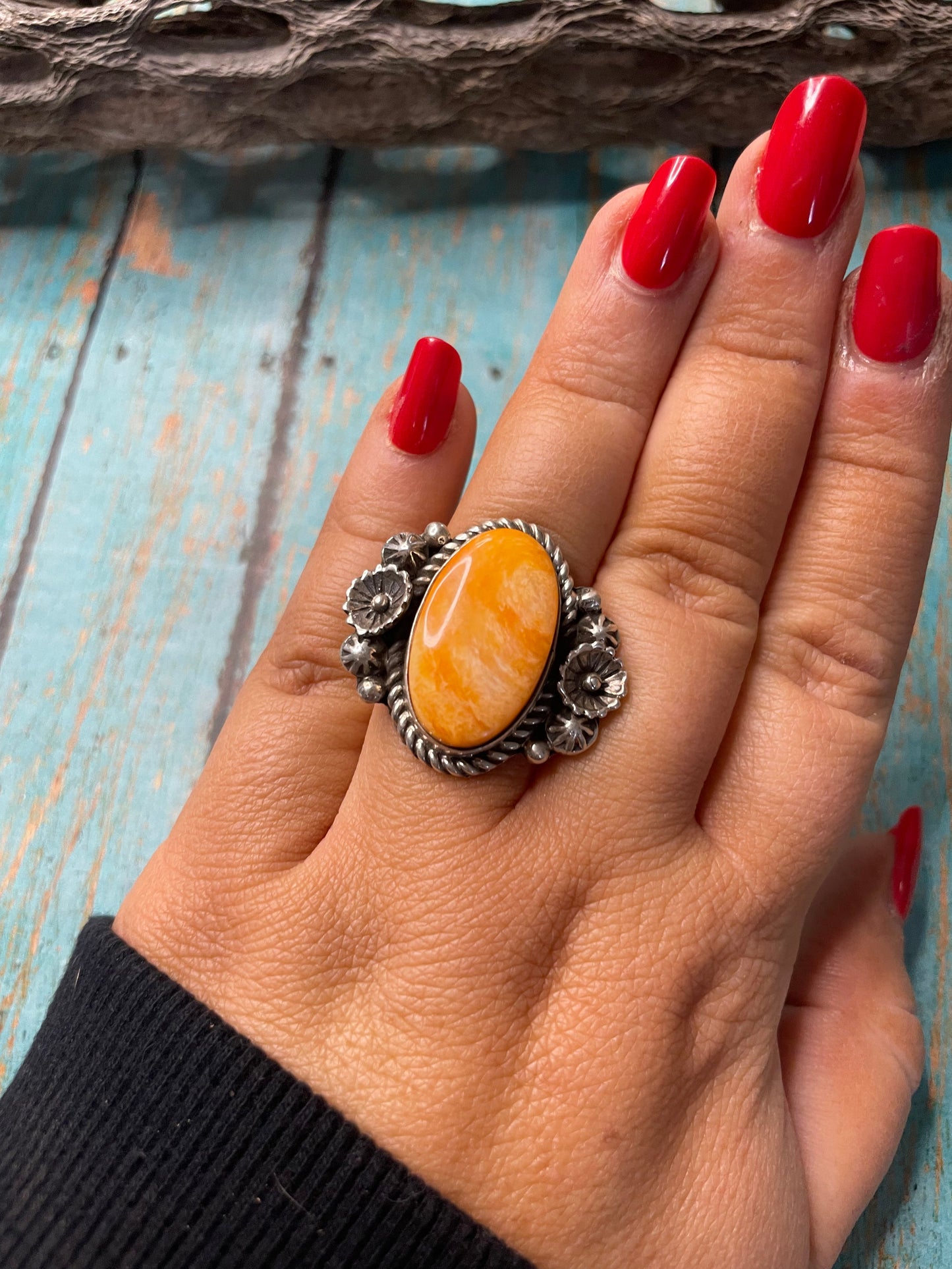 Old Pawn Navajo Sterling Silver & Orange Spiny Ring Size 8.5