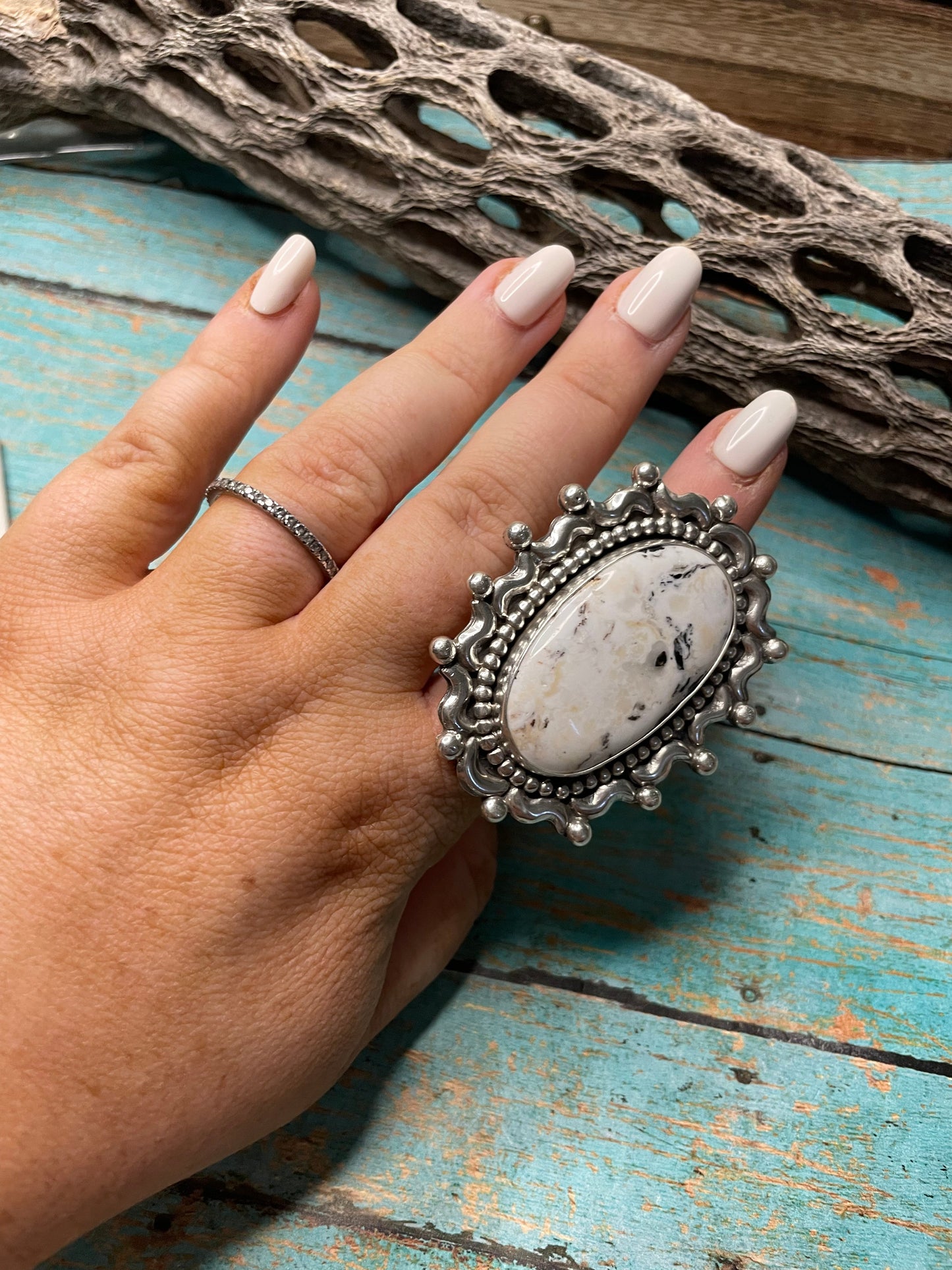 Gorgeous Navajo Sterling Silver & White Buffalo Adjustable Ring Signed