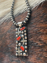 Load image into Gallery viewer, Navajo Sterling Silver &amp; Coral Cross Rectangle Pendant By Chimney Butte