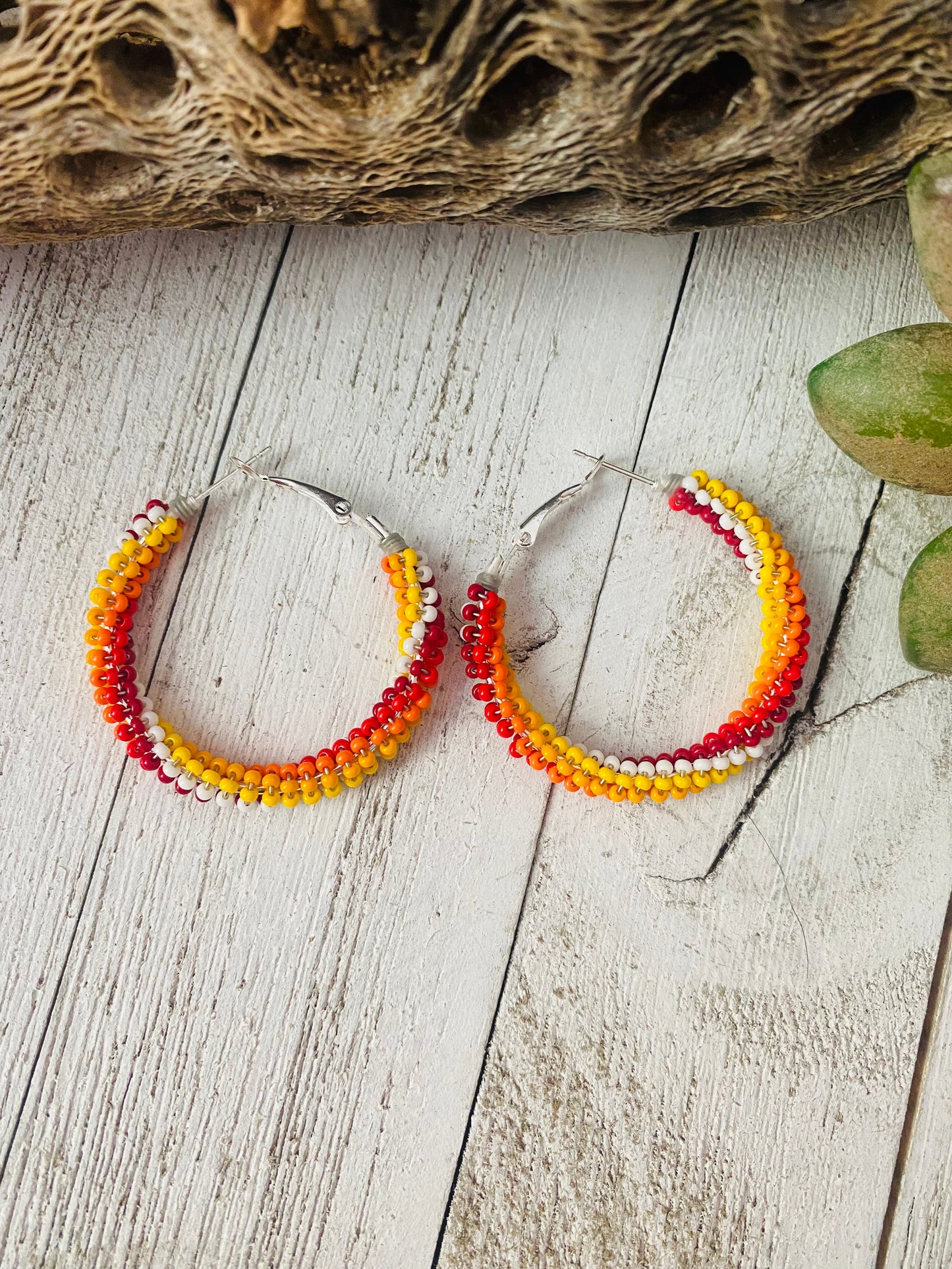 Navajo Handmade Beaded Hoop Earrings- red, yellow, orange