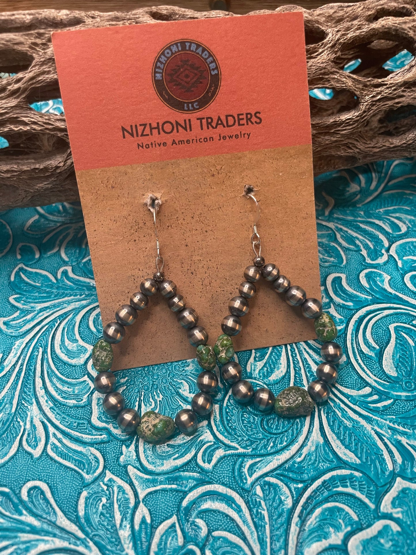 Navajo Sterling Silver Pearl Beaded Dangle Hoop Earrings
