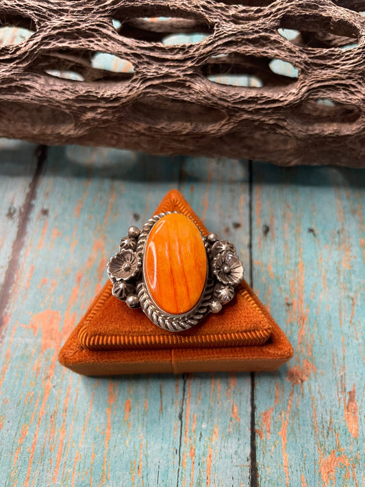 Old Pawn Navajo Sterling Silver & Orange Spiny Ring Size 8