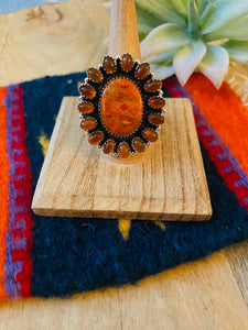 Handmade Sterling Silver, Carnelian & Spiny Mohave Cluster Adjustable Ring
