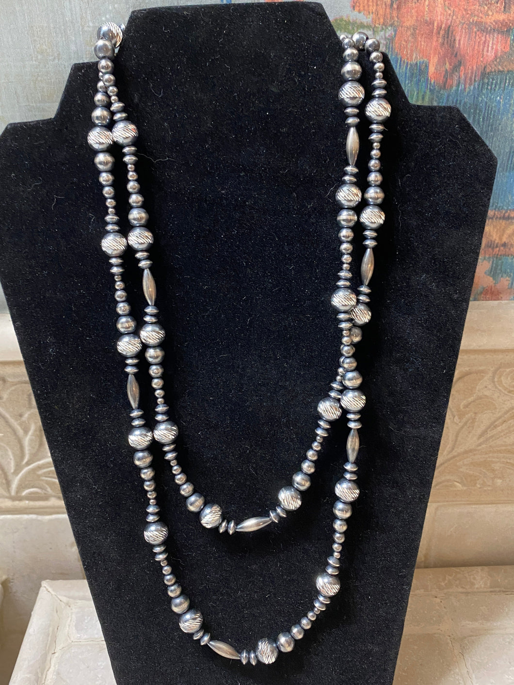 Navajo Sterling Silver Diamond Cut Bead Necklace 46 Inches