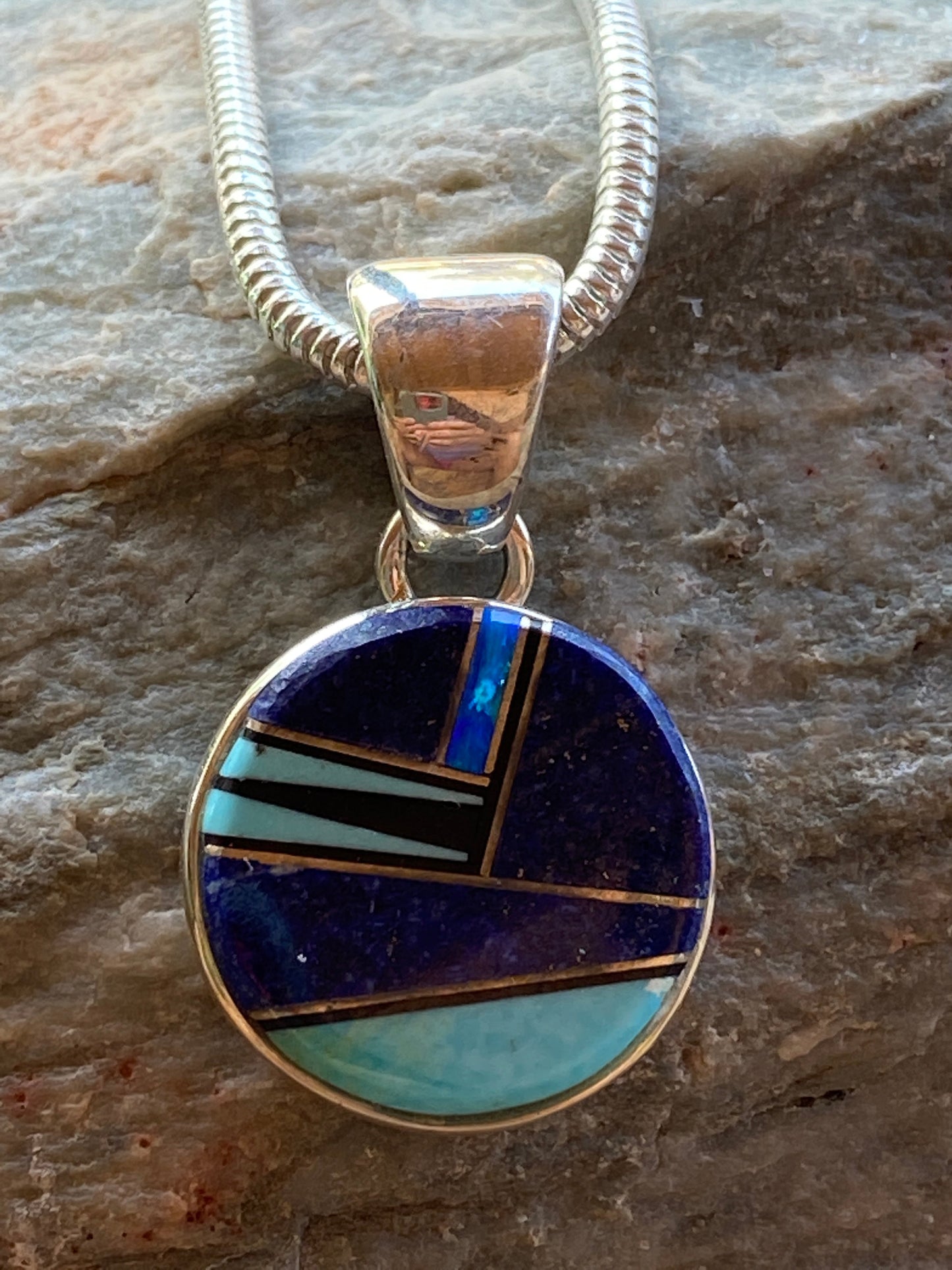 Navajo Lapis, Turquoise, Blue Opal Small Circle Pendant