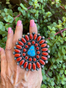 Shawn Cayatenito Cluster Turquoise & Coral Sterling Silver Ring Sz 10 Signed