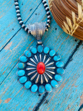 Load image into Gallery viewer, Navajo Kingman Turquoise, Red Spiny &amp; Sterling Silver Pendant By Richard Livingston