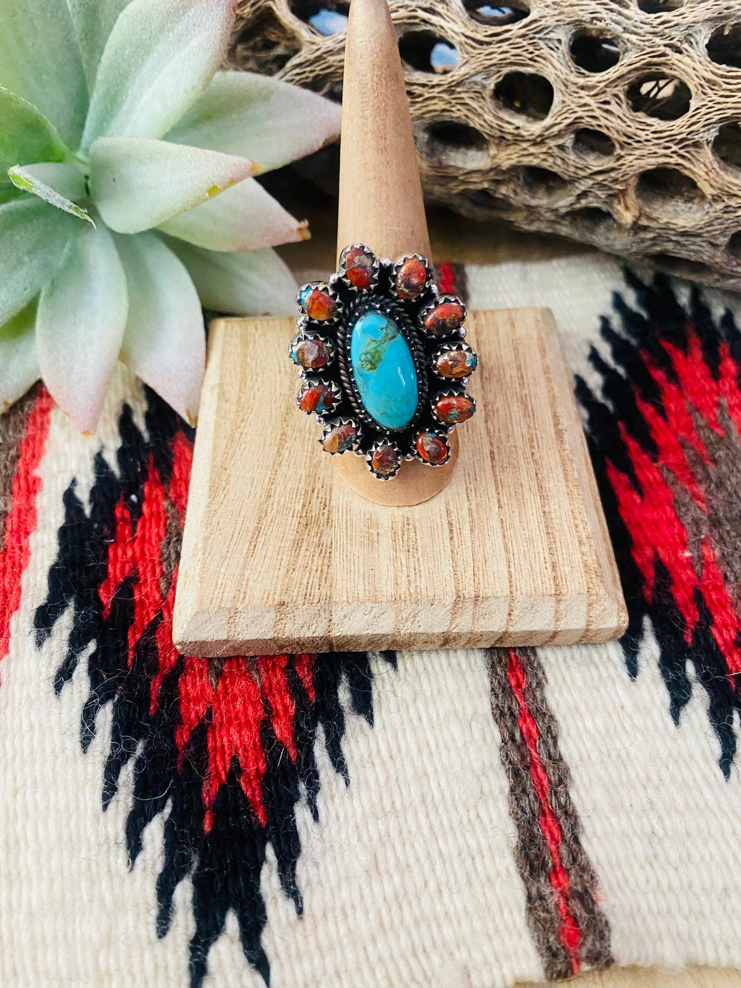 Handmade Sterling Silver, Spice & Turquoise Cluster Adjustable Ring