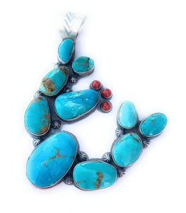 Navajo Sterling Silver, Turquoise & Coral Cactus Pendant