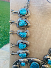 Load image into Gallery viewer, Vintage Navajo Kingman Turquoise &amp; Sterling Silver Squash Blossom Necklace