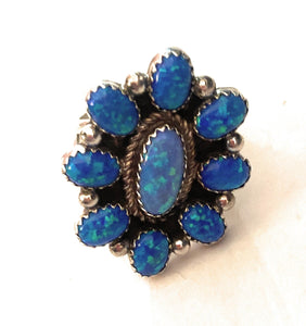 Old Pawn Vintage Navajo Sterling Silver & Opal Cluster Ring Size 8.5