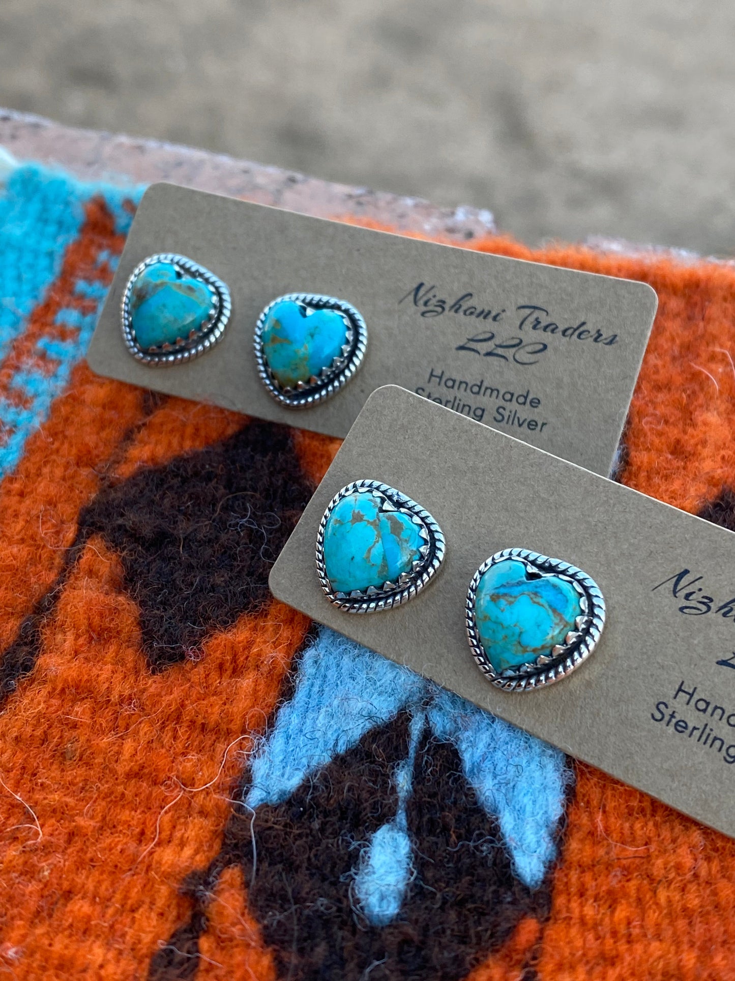 Handmade Royston Turquoise & Sterling Heart Stud Earrings