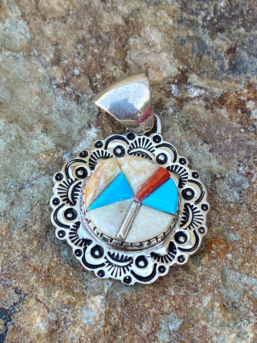 Navajo Turquoise, Coral & Mother of Pearl Pendant Necklace