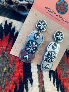 Navajo Sterling Silver Concho Dangle Earrings By Leander Tahe