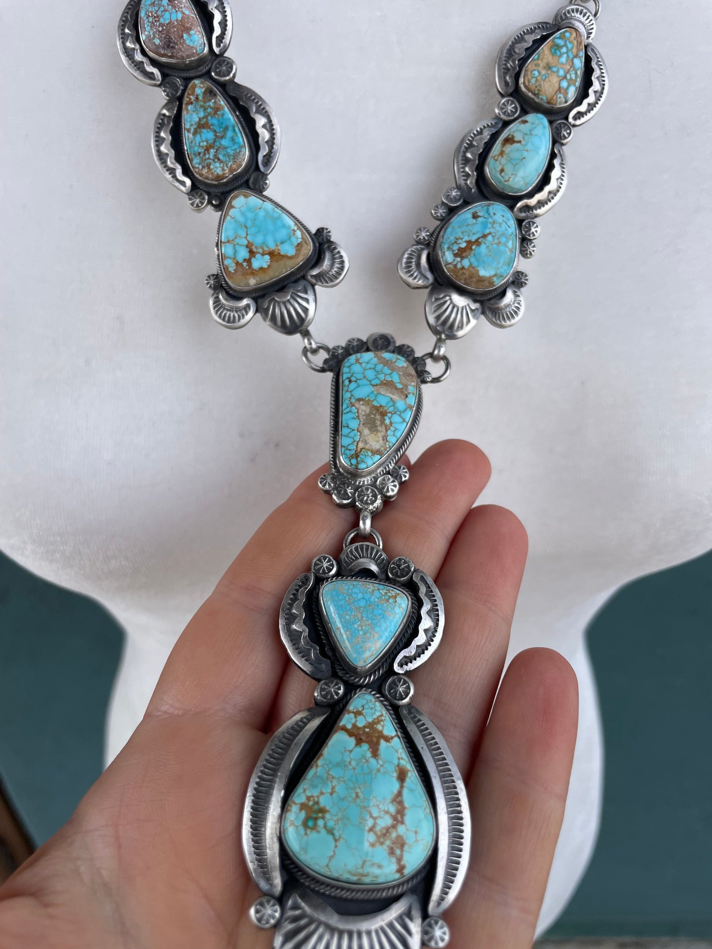 Navajo Sterling Silver & Number 8 Turquoise Necklace Earring Set Signed