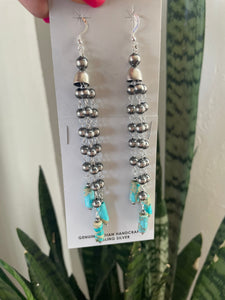 Navajo Pearl Sterling Silver Hand Made Turquoise Dangle Earrings