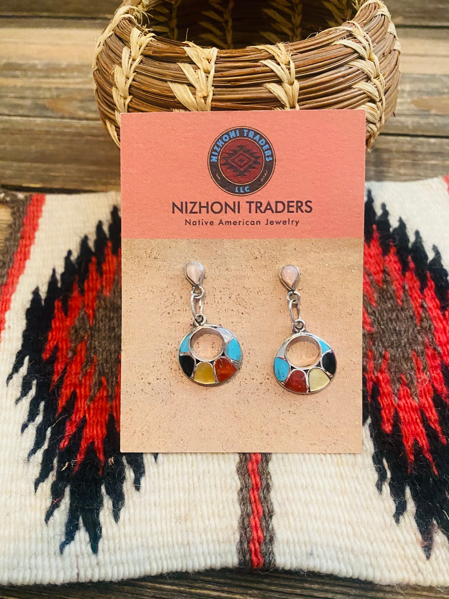 Zuni Sterling Silver & Multi Stone Inlay Dangle Earrings