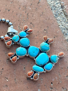 Handmade Sterling Silver Kingman Turquoise & Spiny Cactus Pendant