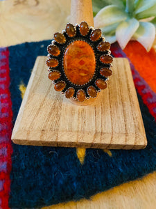 Handmade Sterling Silver, Carnelian & Spiny Mohave Cluster Adjustable Ring