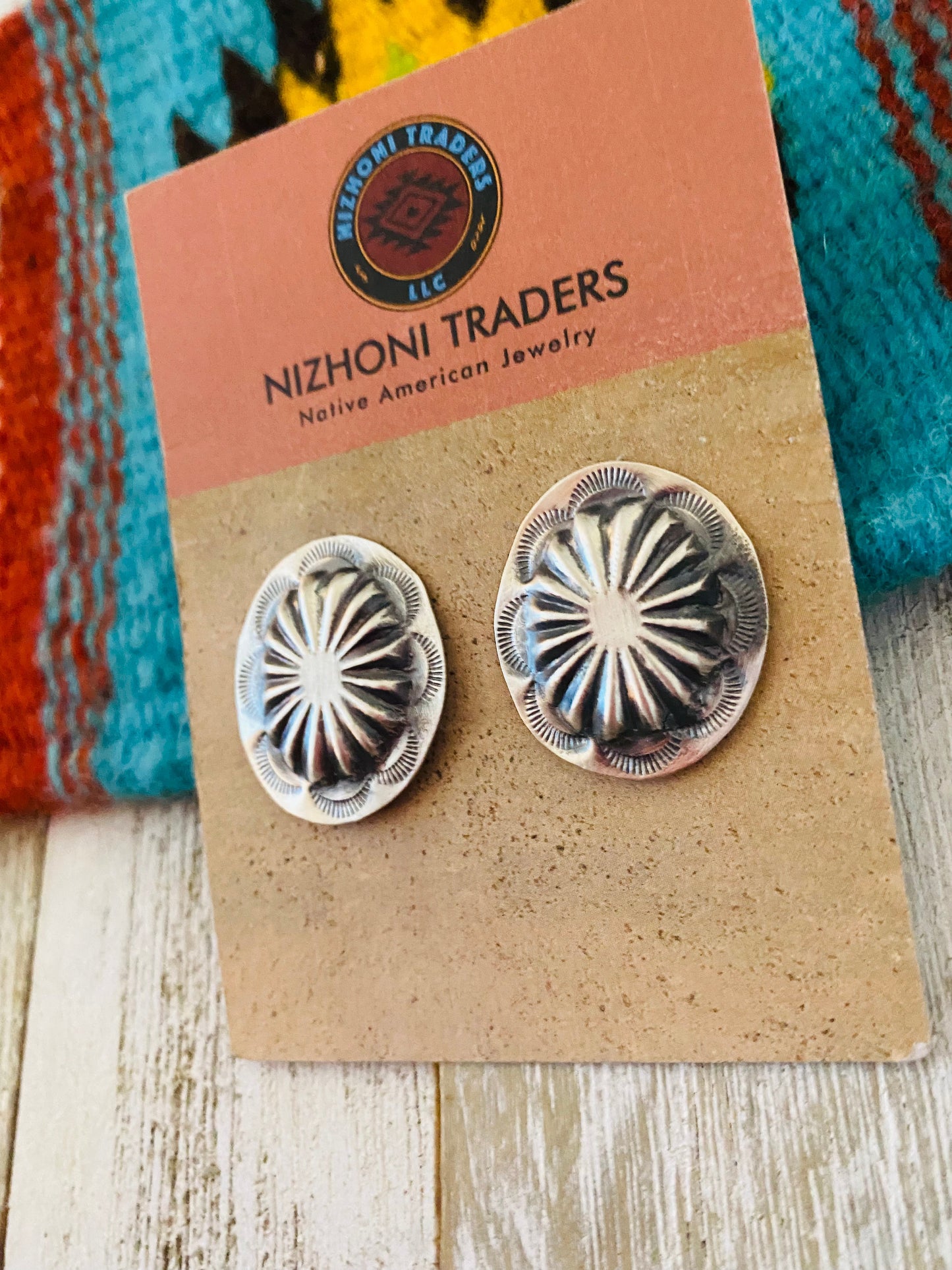 Navajo Sterling Silver Hand Stamped Oval Concho Post Earrings 1”