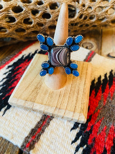 Handmade Sterling Silver, Fordite & Blue Chalcedony Cluster Adjustable Ring