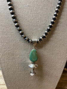 Navajo Handmade Sterling Silver Green Turquoise Blossom Pendant