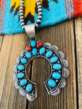 Load image into Gallery viewer, Navajo Sterling Silver, Sleeping Beauty Turquoise &amp; Coral Naja Pendant