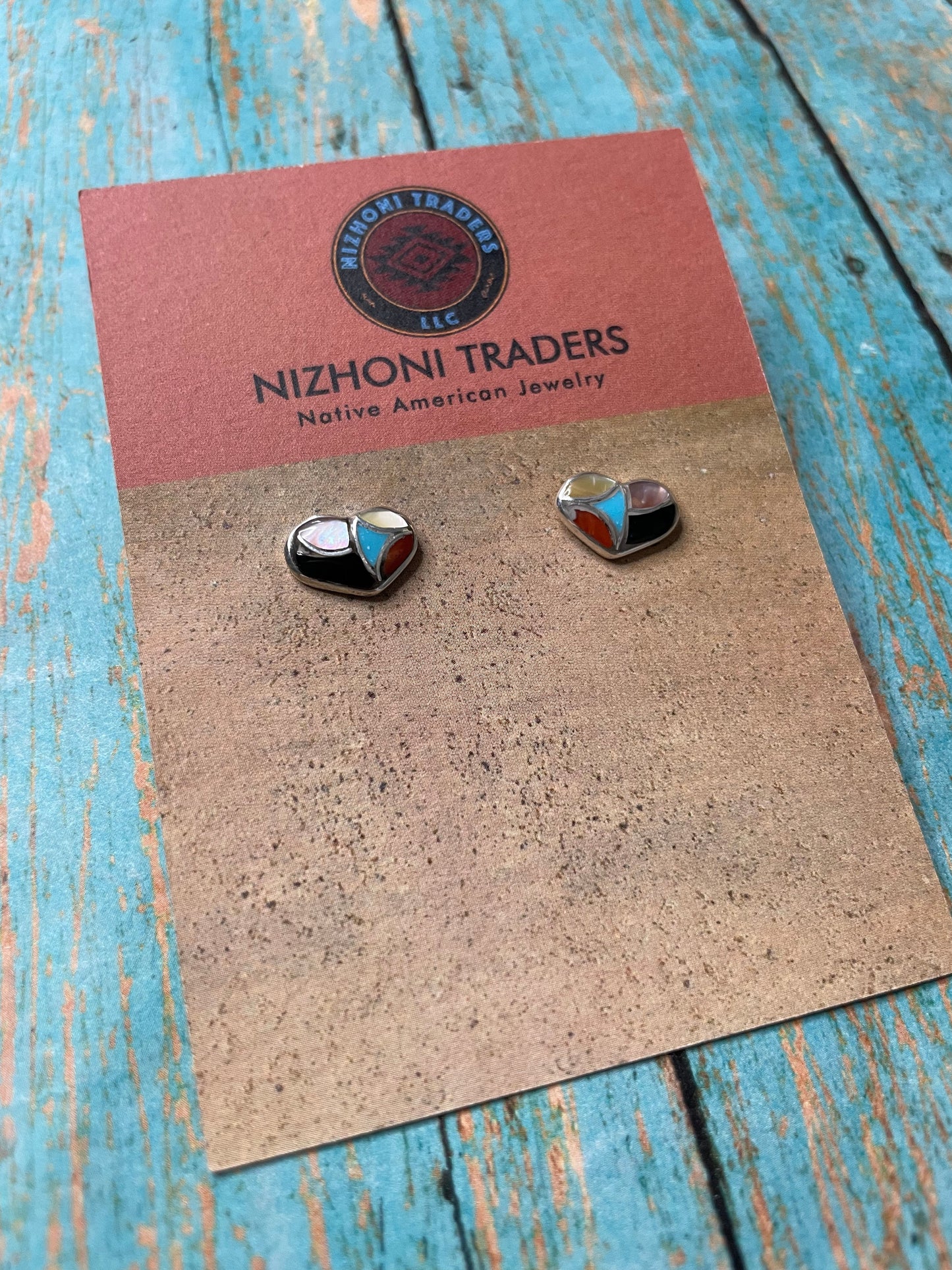 Zuni Sterling Silver & Multi Stone Inlay Stud Heart Earrings