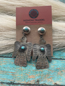 Navajo Turquoise & Sterling Silver Thunderbird Dangle Earrings By Tim Yazzie