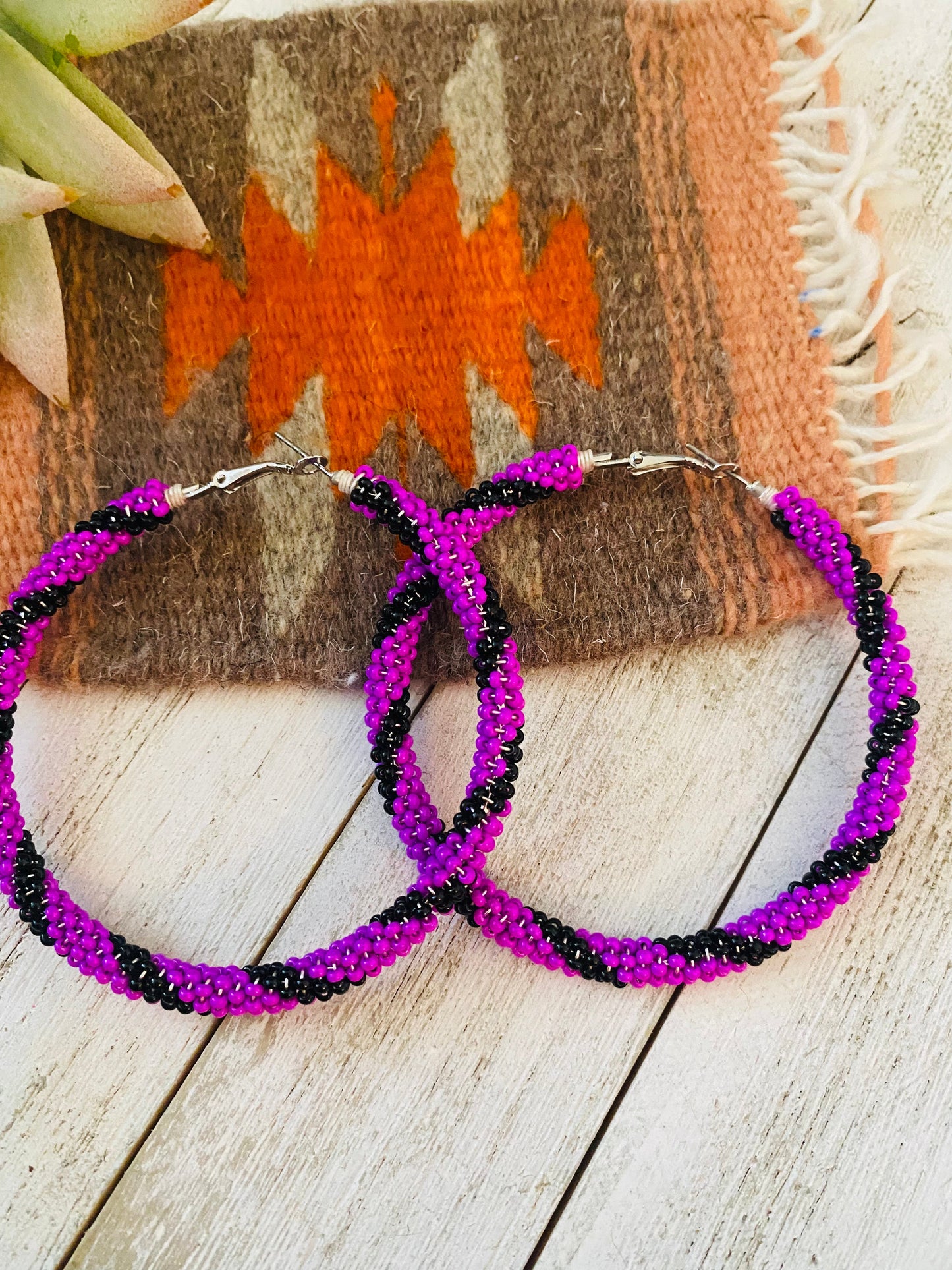Navajo Handmade Beaded Hoop Earrings- purple