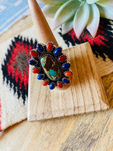 Handmade Sterling Silver, Turquoise, Coral & Lapis Cluster Adjustable Ring