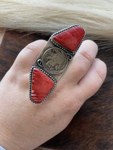 Navajo Sterling Silver Red Spiny Liberty Coin Ring Size 8.5