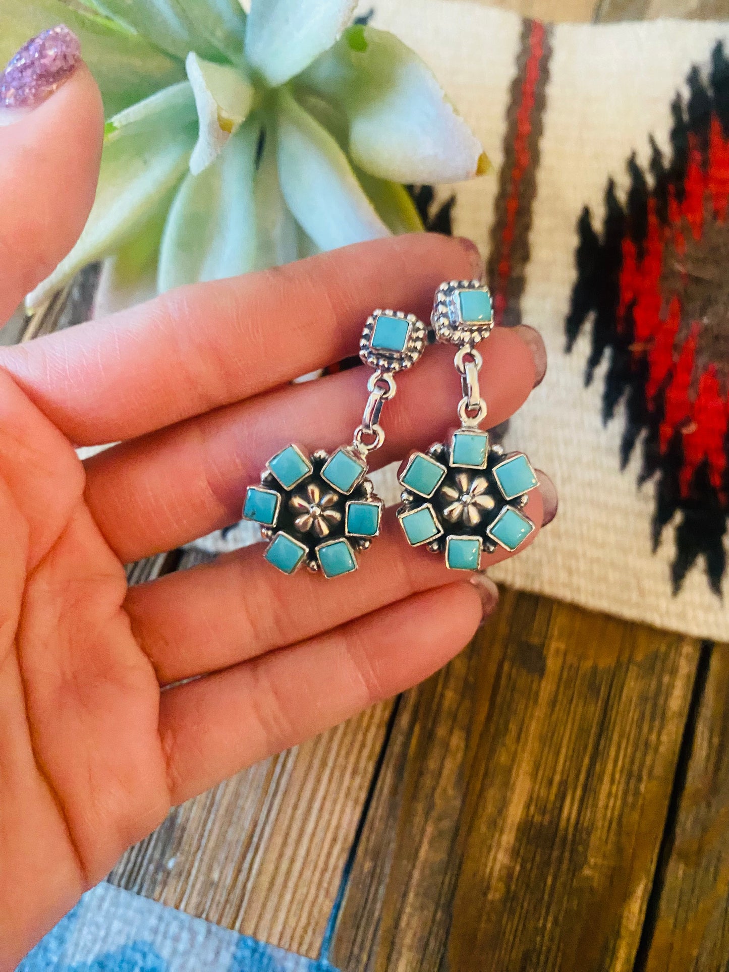 Handmade Turquoise And Sterling Silver Cluster Dangle Earrings