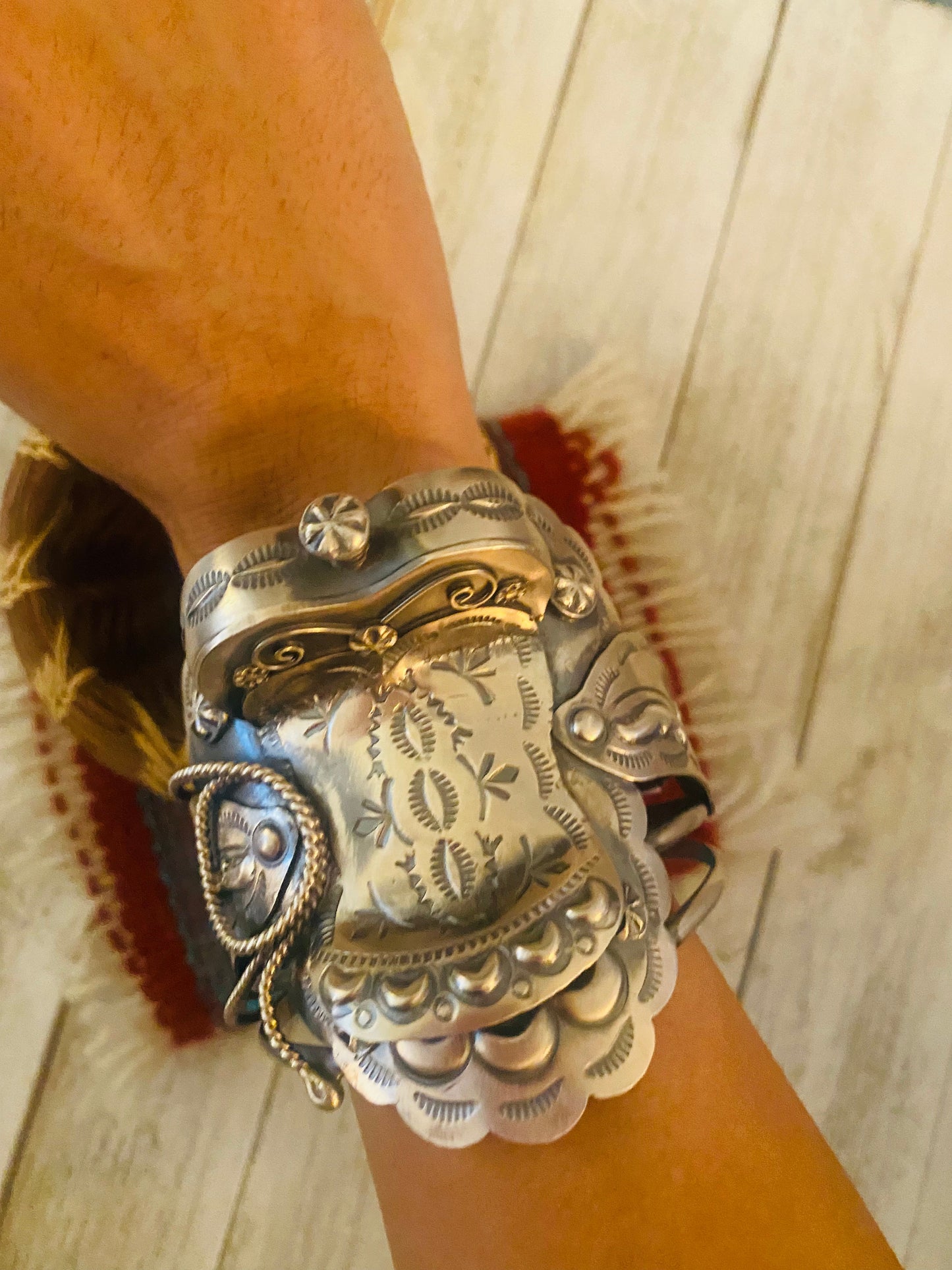 Navajo Hand Stamped Sterling Silver Saddle Cuff Bracelet by Tim Yazzie