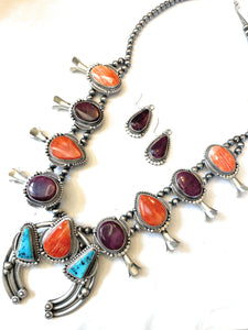 Navajo Multi Stone And Sterling Silver Squash Blossom Necklace Earrings Set By Tom Lewis