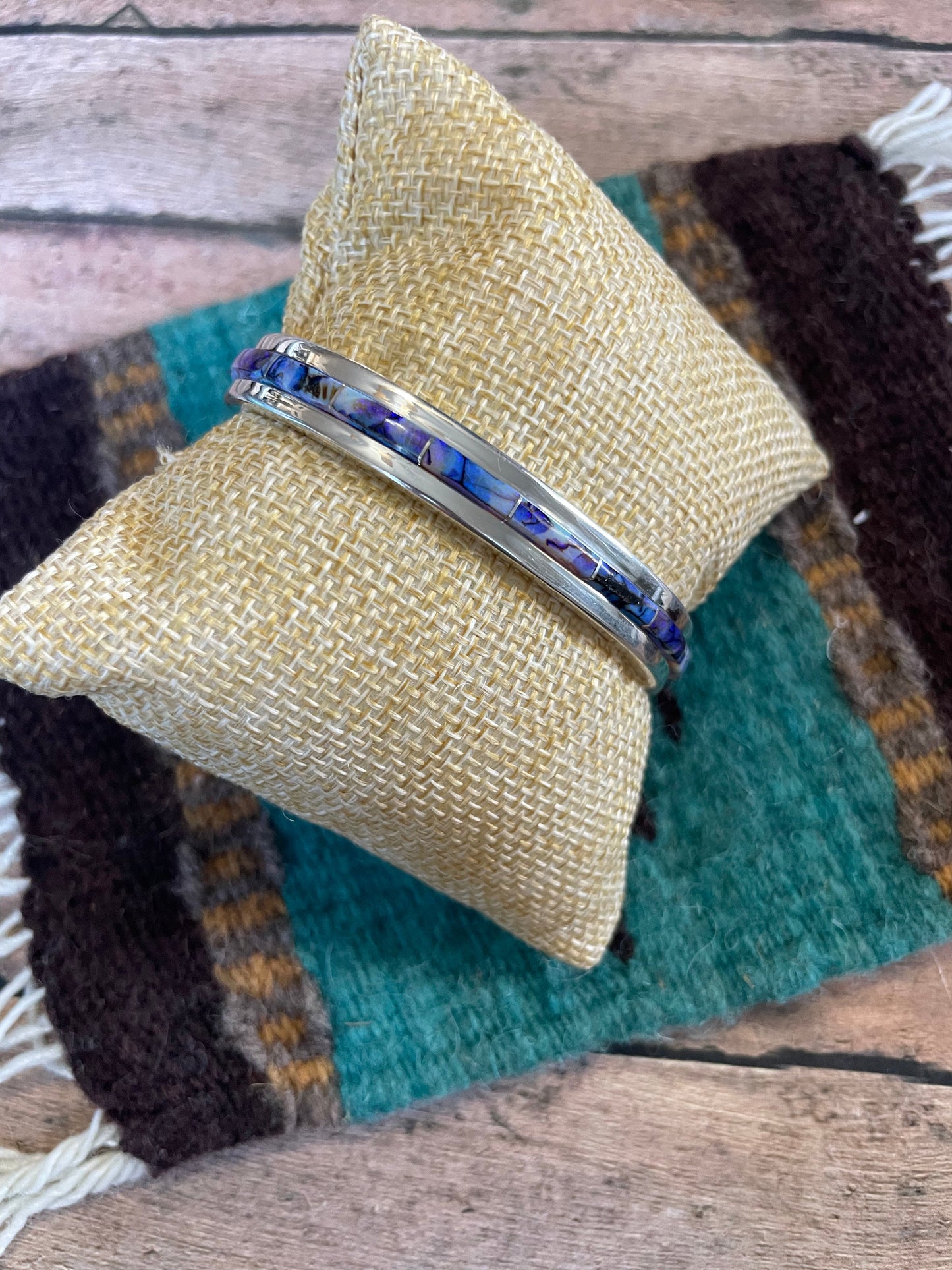 Navajo Handmade Sterling & Blue Opal Web Inlay Cuff Bracelet