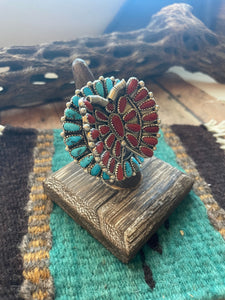 Navajo Natural Coral, Kingman Turquoise And Sterling Silver Adjustable Butterfly Ring Signed Janie Wilson