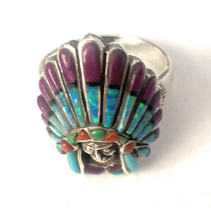 Handmade Sterling Silver & Multi Stone Inlay Indian Chief Ring Size 11.5
