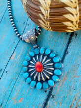 Load image into Gallery viewer, Navajo Kingman Turquoise, Red Spiny &amp; Sterling Silver Pendant By Richard Livingston