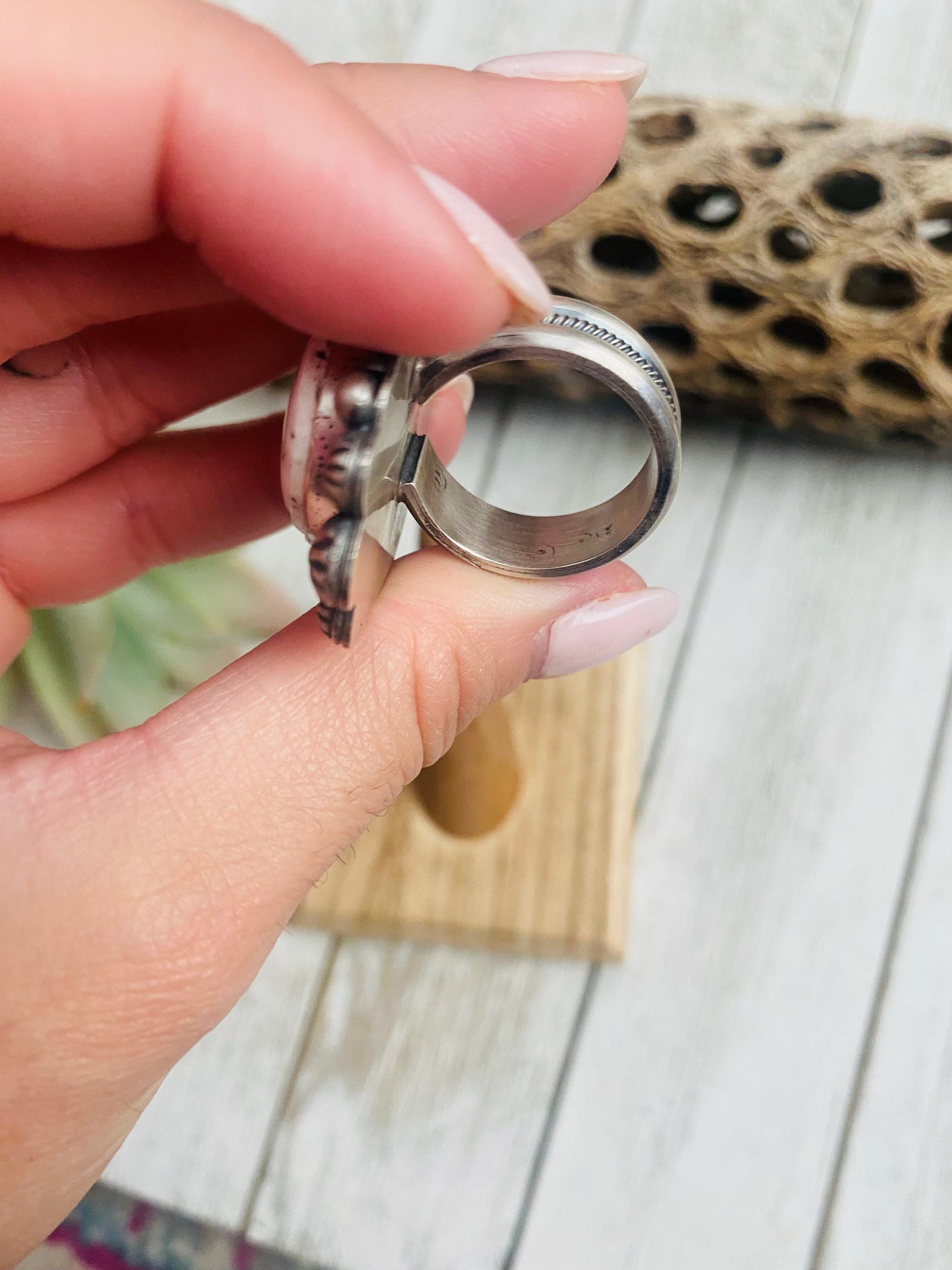 Navajo Sterling Silver And White Buffalo Ring Size 8.75