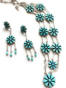 Zuni Sterling Silver & Turquoise Petit Point Necklace & Dangle Earring Set Signed