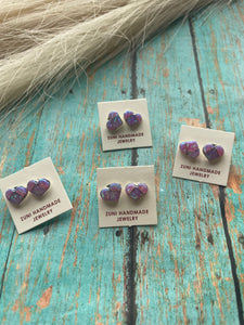 Zuni Sterling Silver & Purple Opal Inlay Heart Stud Earrings
